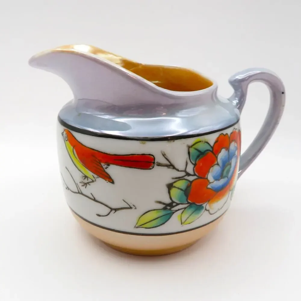 Antique Nippon Japan Cream and Lidded Sugar Set Floral and Bird Luster Finish